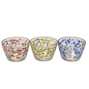 Vintage Floral Printed Glass Bowls Pink Yellow & Blue Flower Designs Set of 3